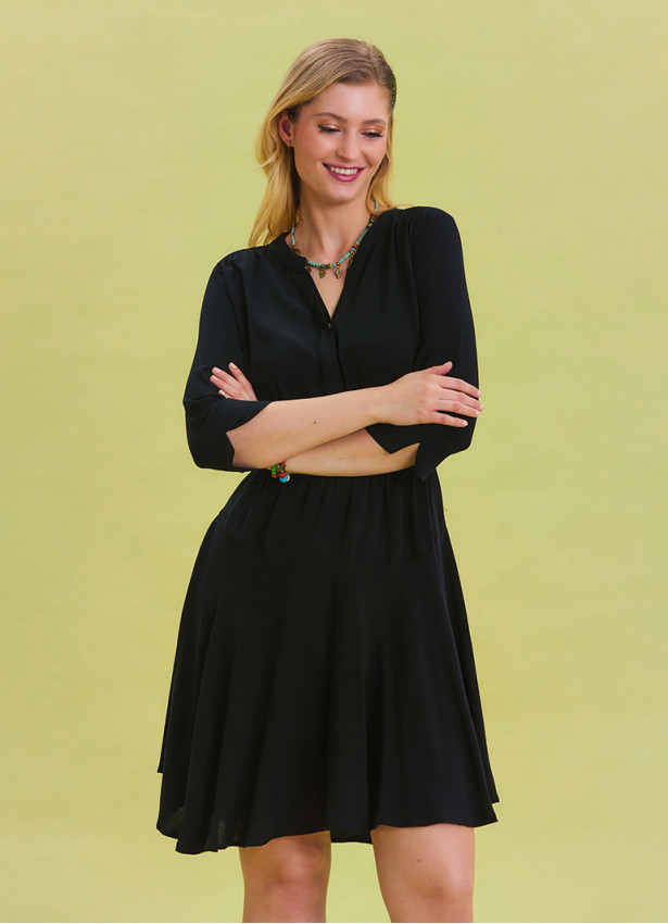 Black Midi Dress with Judge Collar and Button Detail 4463